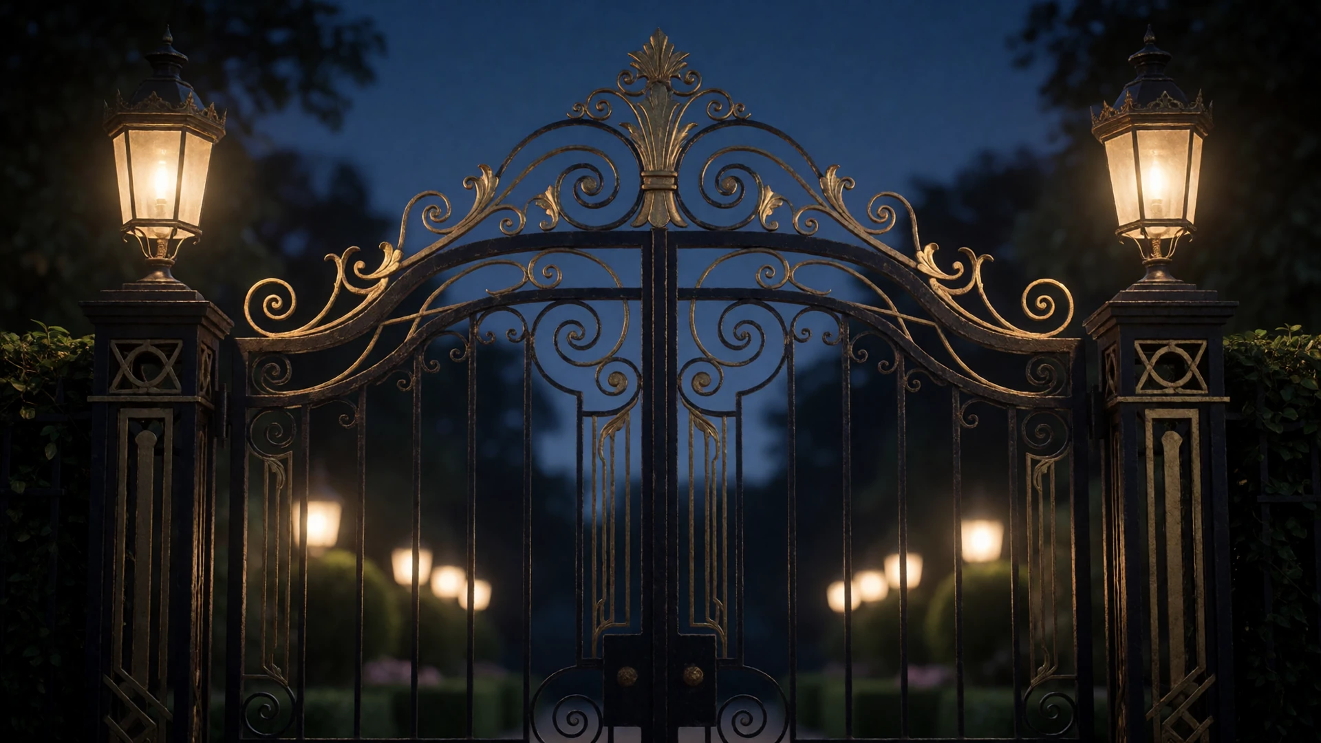 Elegant wrought iron garden gate glowing with golden lantern light at dusk, symbolizing trusted entry to the Conektik safe dating platform