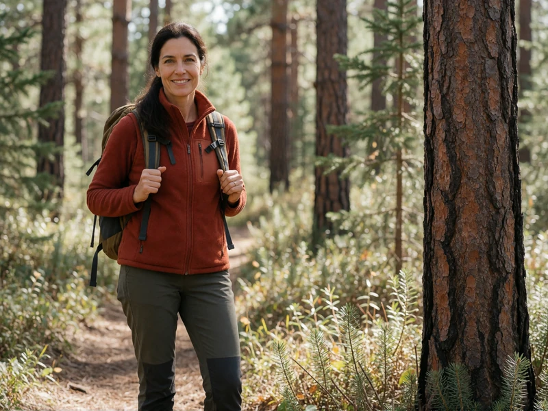 Diane, a verified 48-year-old member hiking a wooded trail, an active single on this mature dating platform