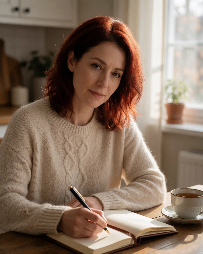 Woman in her late forties writing thoughtfully in a journal at her kitchen table, reflecting on her personality questionnaire dating answers