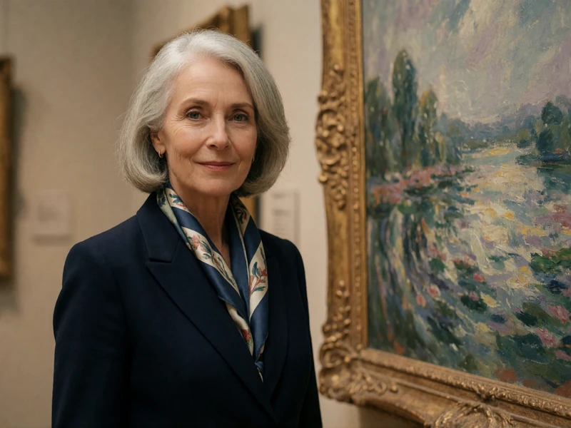 Margaret, a verified 60-year-old member in an art gallery, seeking meaningful conversation through verified dating