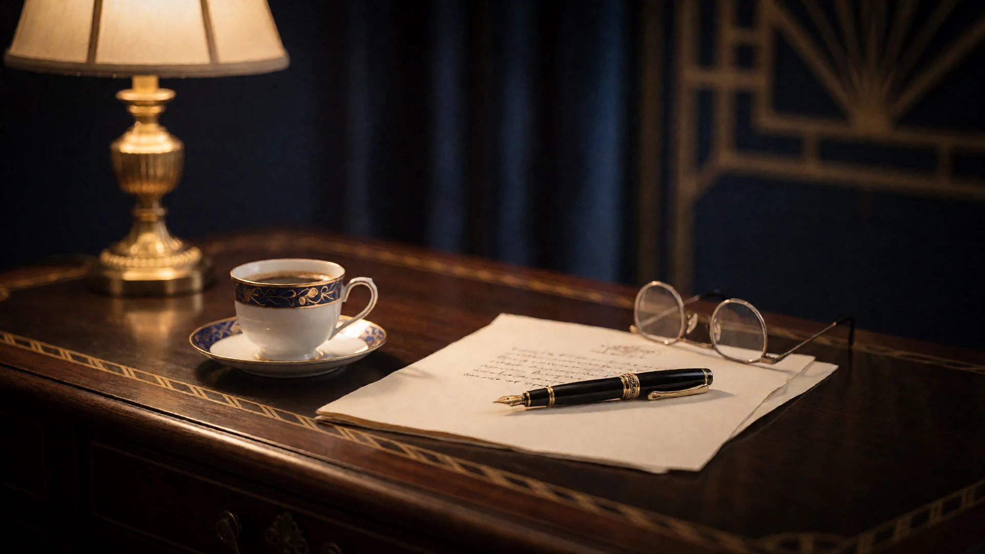 Elegant wooden desk with coffee and a vintage fountain pen in warm lamplight, introducing the Conektik dating site FAQ