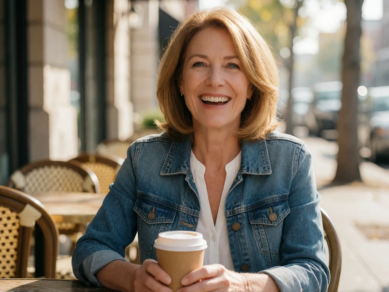 Carol, a verified 52-year-old member laughing over coffee at a sunny cafe on the Conektik verified dating platform