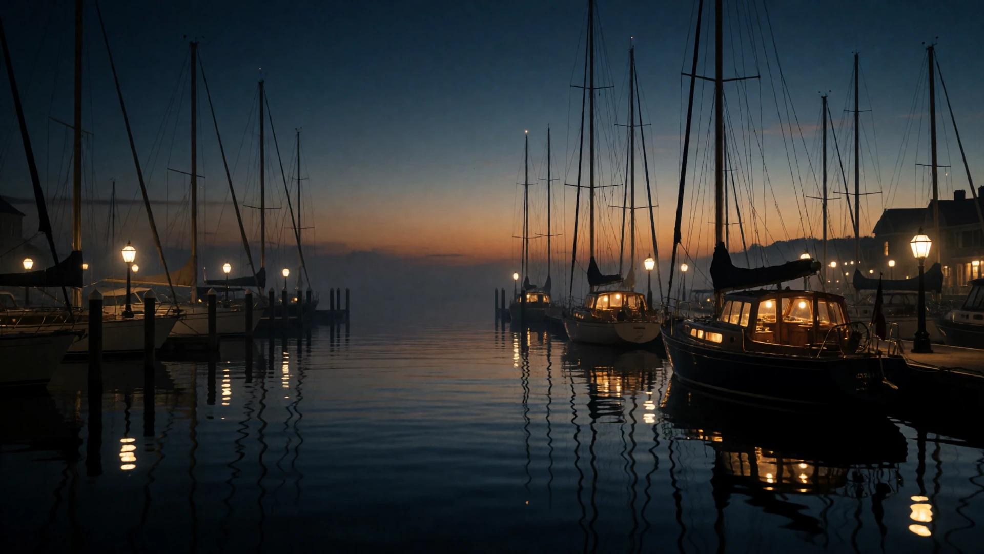 Dusk skyline over a marina with golden boat lights, evoking the elegant atmosphere of the Conektik mature dating platform