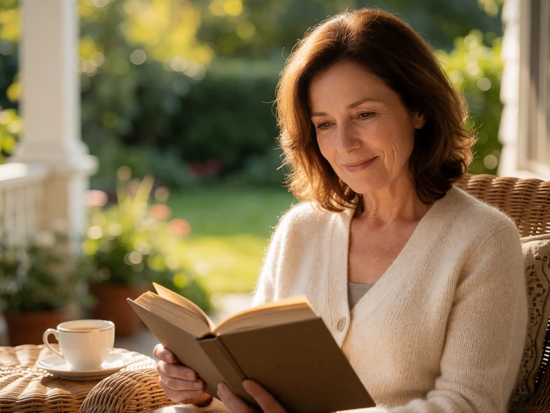Woman in her fifties reading a book on a sunlit porch, representing the genuine companionship sought on this mature dating platform