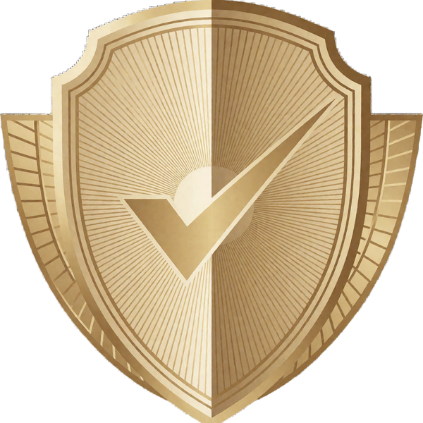Gold Art Deco shield badge with a checkmark, representing verified profiles on the Conektik safe dating platform