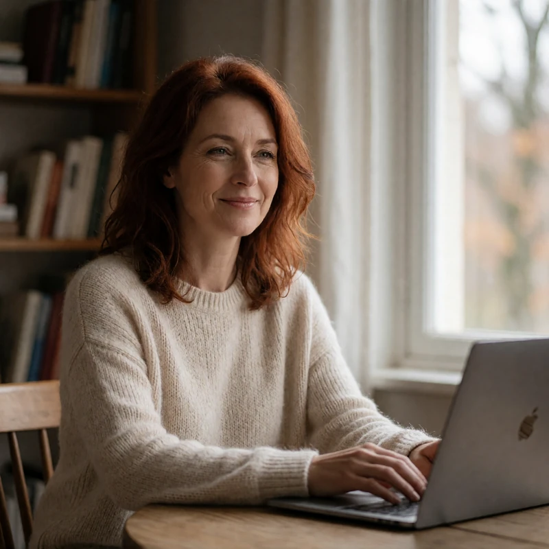 Woman in her fifties smiling while using her laptop by a bright window, enjoying private encrypted messaging on Conektik