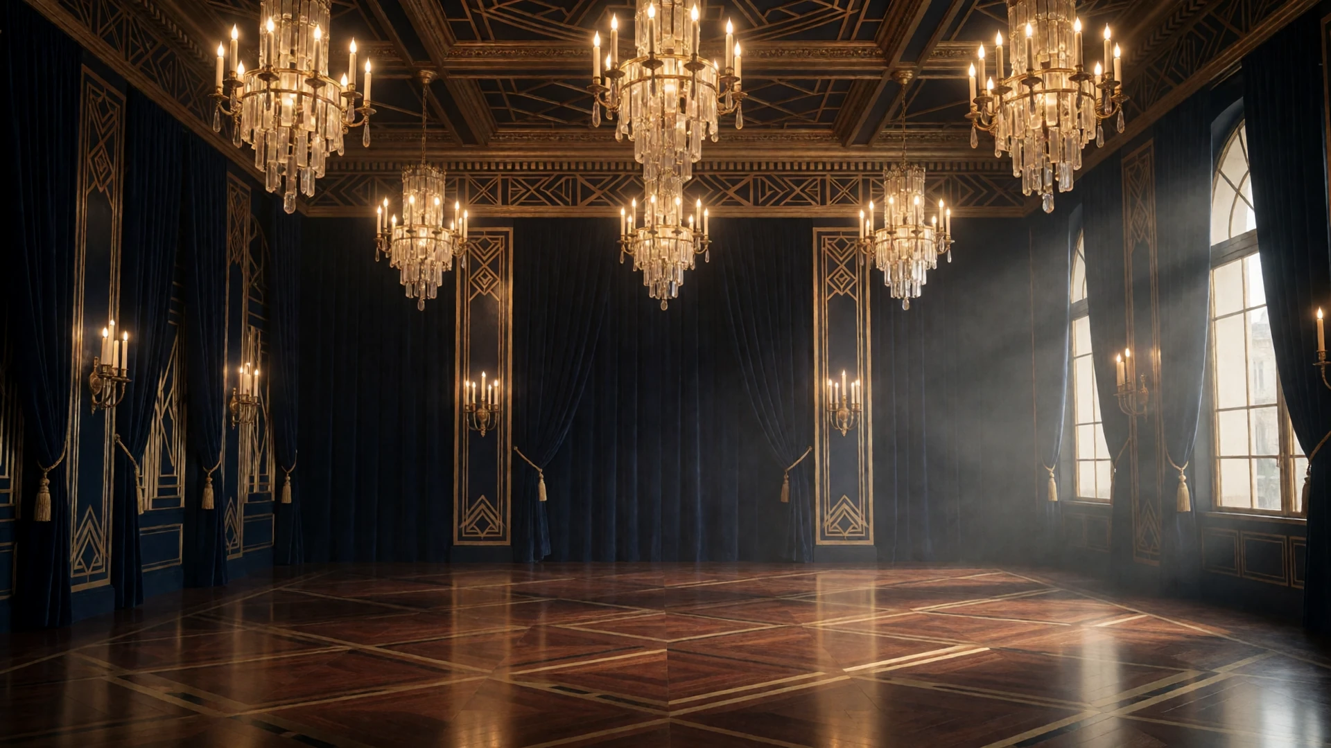 Elegant Art Deco ballroom glowing with golden chandelier light, reflecting the cinematic atmosphere of the Conektik serious dating platform