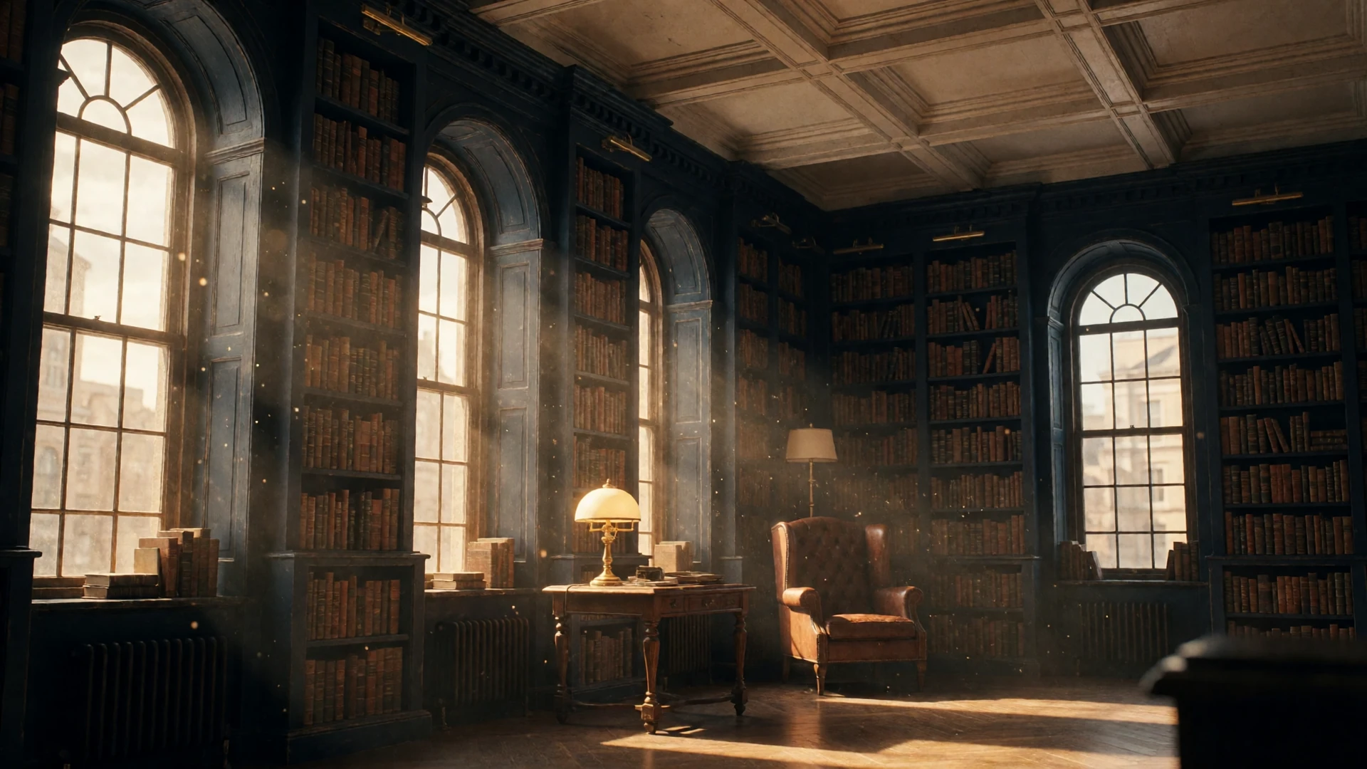 Sunlit vintage library with tall bookshelves and a glowing brass lamp, setting the scene for Conektik's guide to online dating over 45