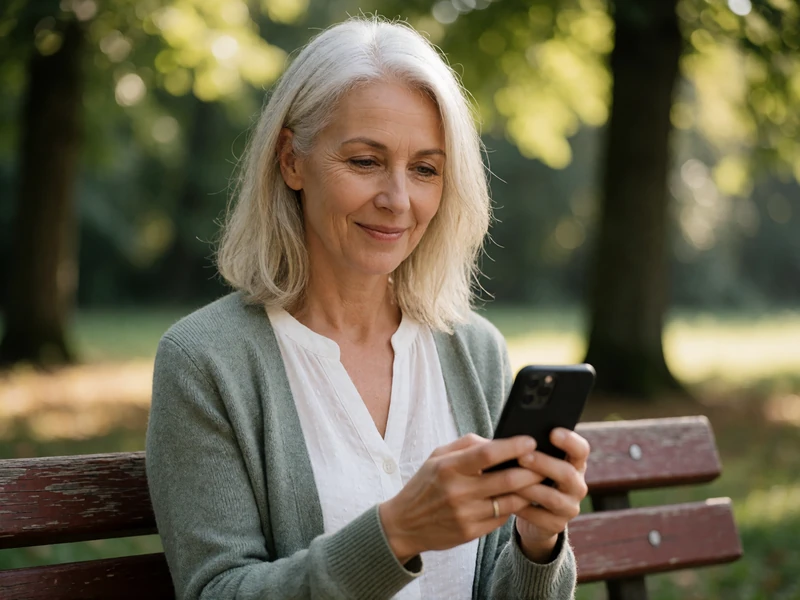 Woman in her sixties smiling at her smartphone on a park bench, using the Conektik mature dating app on mobile